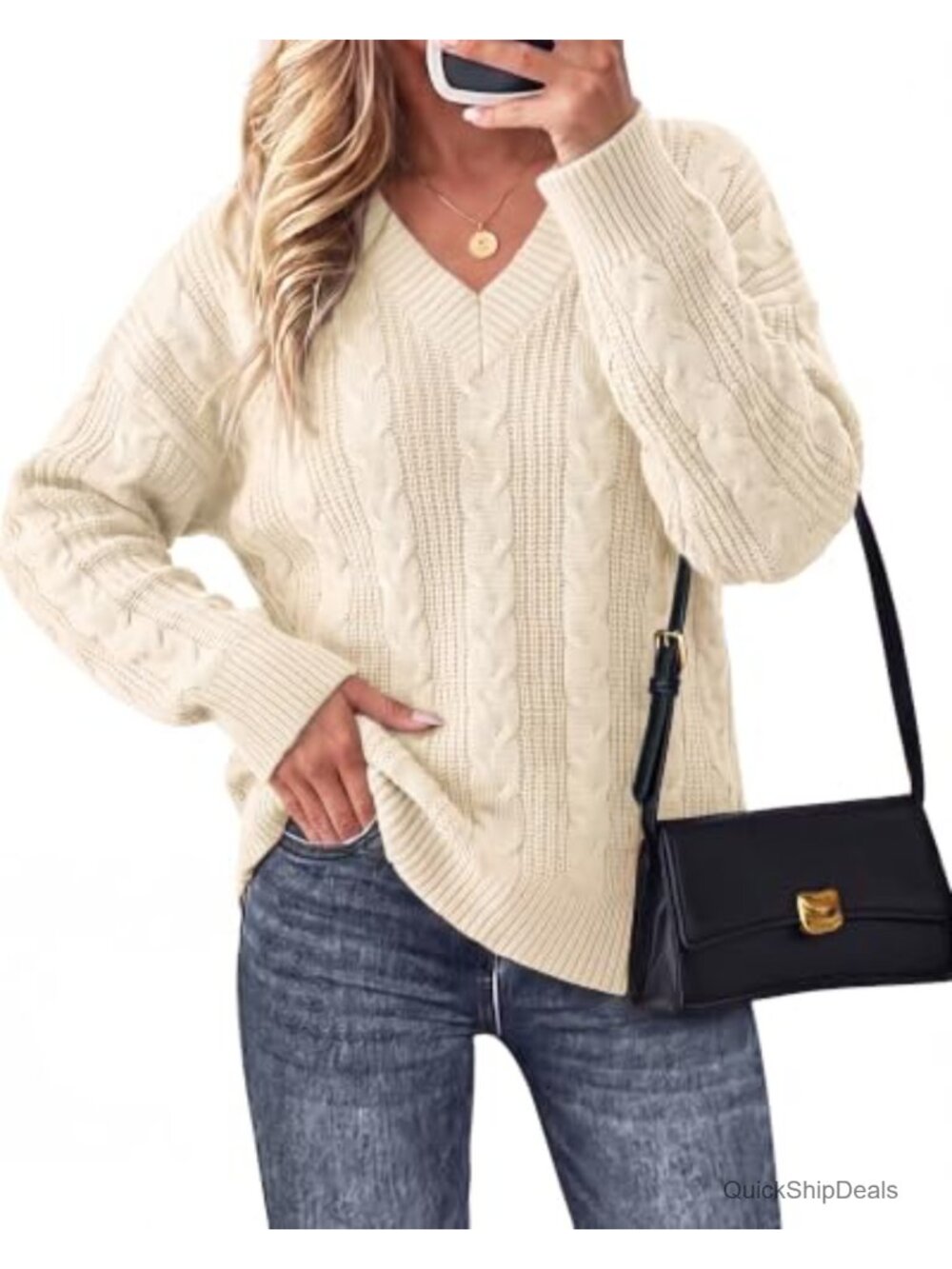 Oversized V Neck Cable Knit Pullover Sweater Loose Fit Soft Yarn